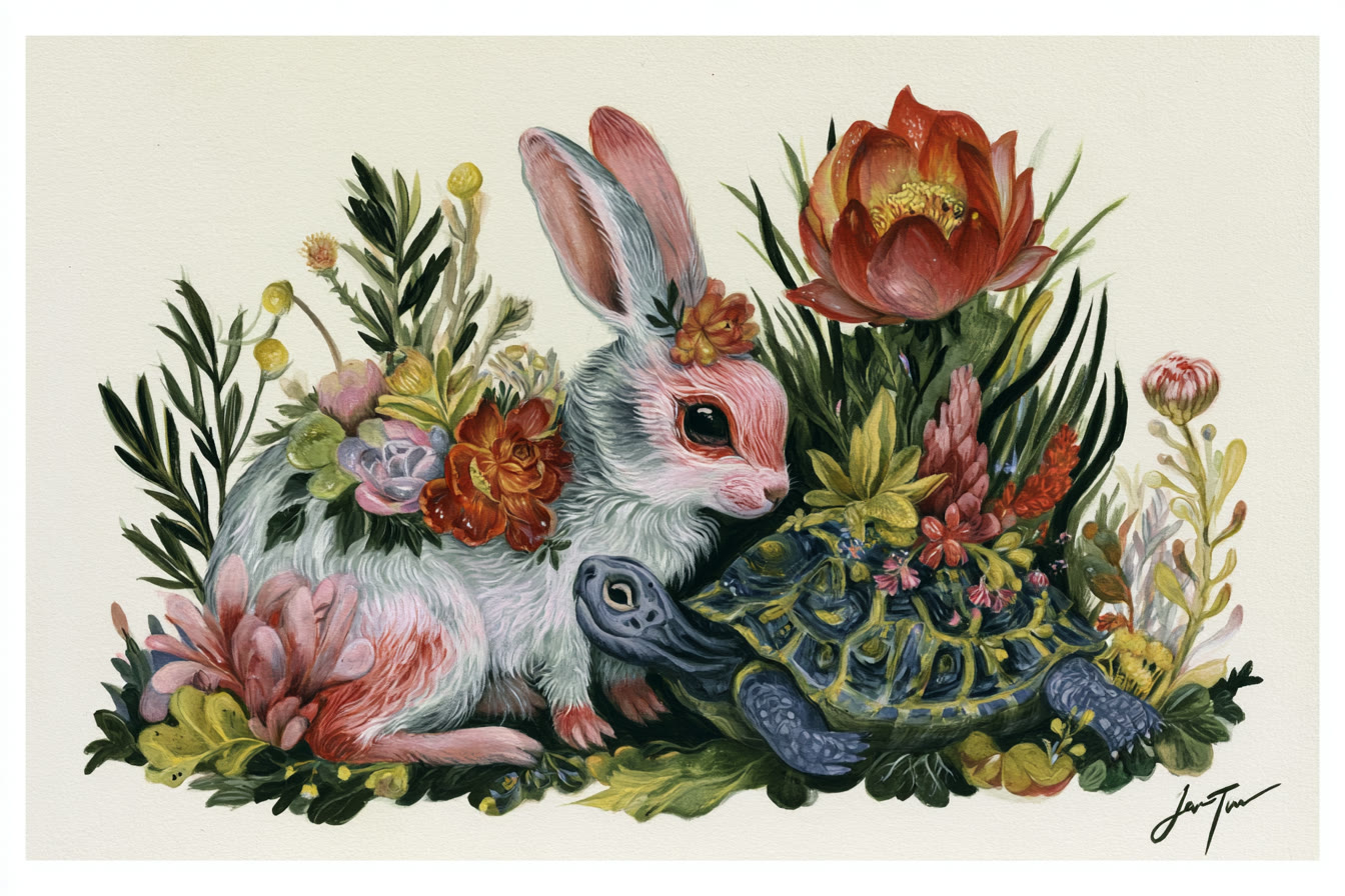 草花にかこまれて寄りそう、うさぎとかめの絵